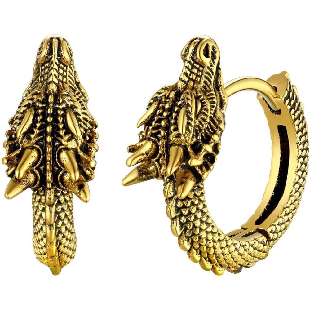 🆕 Men Gold Punk Rock Earrings Hypoallergenic Stainless Steel Sterling Dinosaur